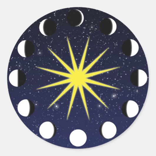 Zon, Moon Phases & Stars Ronde Sticker (Voorkant)