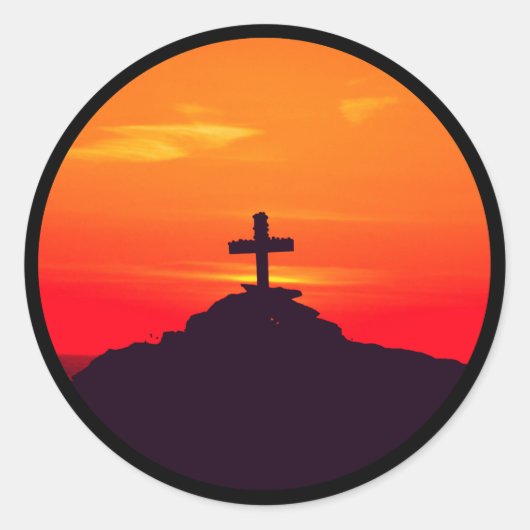 Zon op het kruis, mooie zonsondergang ronde sticker (Voorkant)