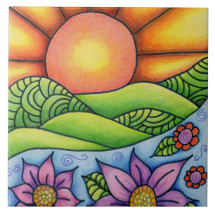 Zon Over Heuvels Stroom en Bloemen Tegeltje