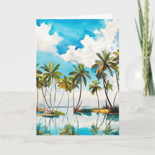 Zon Overgoten Eiland Waterverf Palmboom Strand v4 Kaart