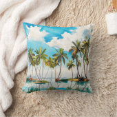 Zon Overgoten Eiland Waterverf Palmboom Strand v4 Kussen (Deken)