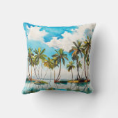 Zon Overgoten Eiland Waterverf Palmboom Strand v4 Kussen (Achterkant)