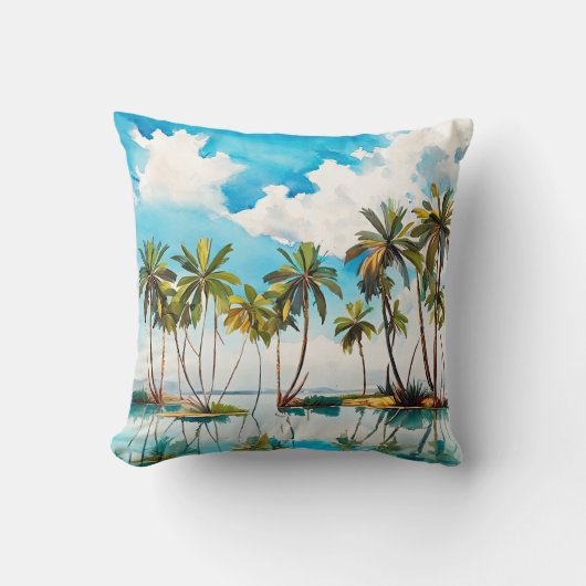 Zon Overgoten Eiland Waterverf Palmboom Strand v4 Kussen (Voorkant)