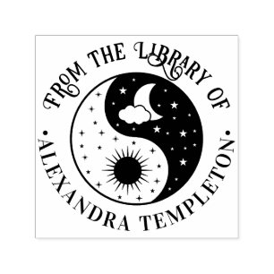 Zon Sikkel Maan Sterren Yin Yang Bibliotheek Boek Zelfinktende Stempel