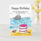 Zon, zee, zandstrand, haai en taart verjaardagskaa kaart (Gele Bloem)