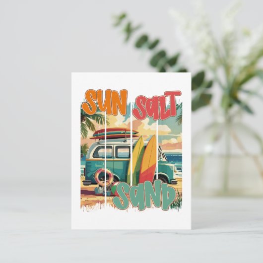 Zon, Zout, Zand – Retro Beach Vibes Briefkaart (Staand voorkant)