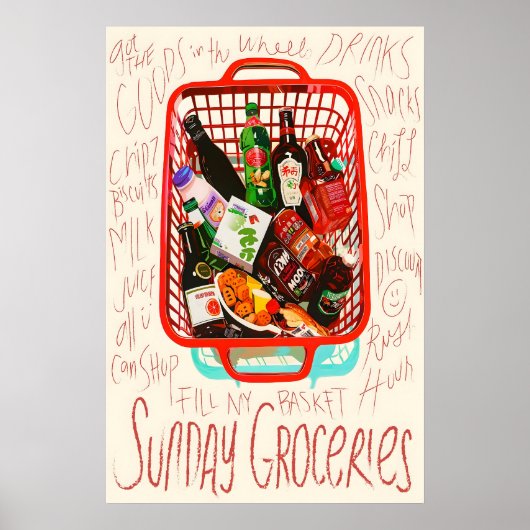 Zondag Boodschappen Print Rode Boodschappenmand, F (Voorkant)