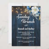 Zondag Brunch Blauw Hout String Lights Wedding Kaart (Voorkant)