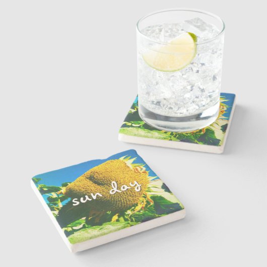 Zondag Quote Script Geel Zonnebloem Foto Stenen Onderzetter (Zijkant)