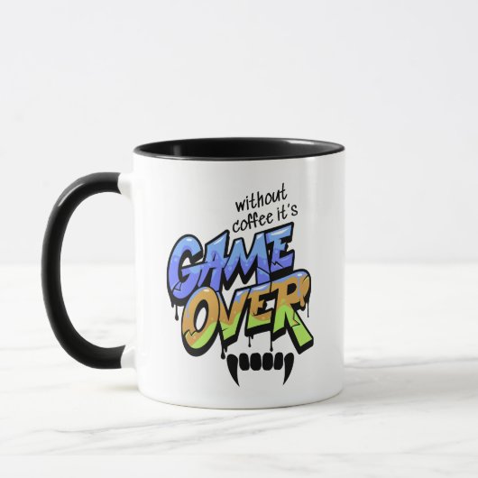 Zonder koffie is het game over – Graffiti-stijl mo Mok (Links)