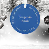 Zonen Eerste Kerstmis Foto Blauw en Zilveren Naam Ornament