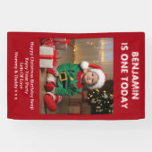 Zonen Eerste Verjaardagsfeestfoto Rode Kerstmis Spandoek (Horizontaal)