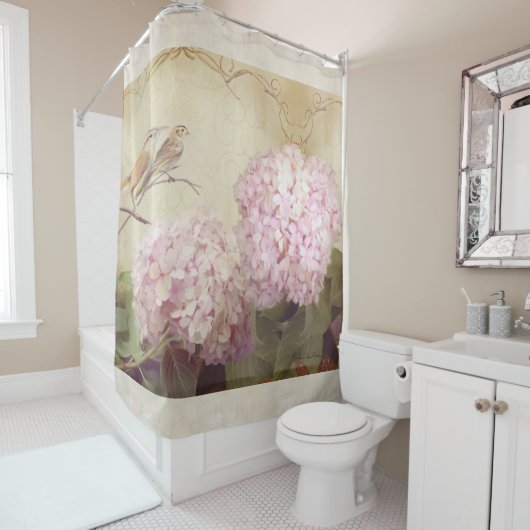 Zong vogels op Branch Hydrangea Flowers  Douchegordijn (In situ)