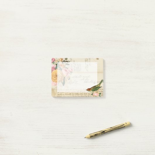  zongvogel en wazige roze rozen post-it® notes (Op bureau)