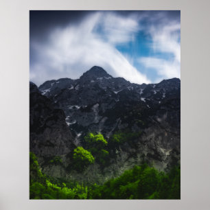 Zonlicht groen bos onder de bergen poster