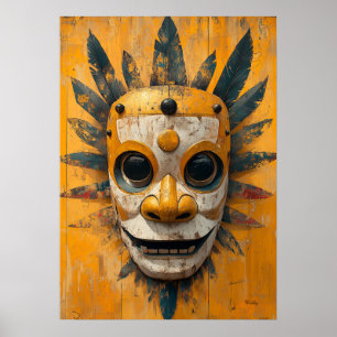 Zonne Krijger Masker – Meso-Amerikaans Rituel Symb Poster