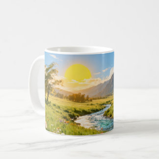 Zonne landschap met bergen en rivier mok