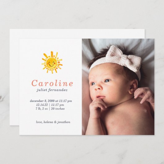 Zonne Naam Baby Geboorte Aankondiging (Voorkant / Achterkant)