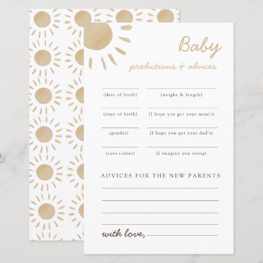 Zonnebabyfeestje advies en voorspellingen spel (Voorkant / Achterkant)