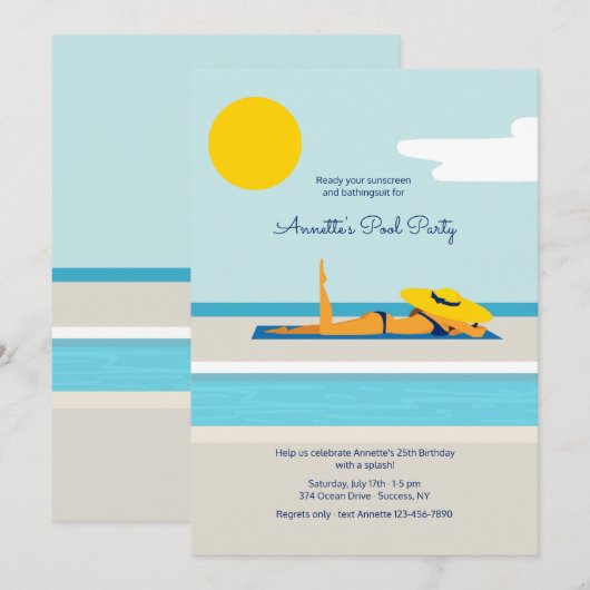 Zonnebaden Zwembad Party uitnodiging (Voorkant / Achterkant)