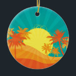 Zonnebaktropische retro-surf ontwerp keramisch ornament<br><div class="desc">Met een ontwerp van een retro tropisch strand op zonsondergang met palmbomen. Dit ontwerp van surf is in kleuren van rood,  oranje en geel en doet denken aan een warm tropisch strandoord in de zomertijd. Voor de liefhebbers van zon,  surf en zand en tropische zonsondergangen..</div>