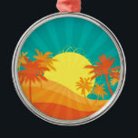 Zonnebaktropische retro-surf ontwerp metalen ornament<br><div class="desc">Met een ontwerp van een retro tropisch strand op zonsondergang met palmbomen. Dit ontwerp van surf is in kleuren van rood,  oranje en geel en doet denken aan een warm tropisch strandoord in de zomertijd. Voor de liefhebbers van zon,  surf en zand en tropische zonsondergangen..</div>