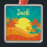 Zonnebaktropische retro-surf ontwerpnaam metalen ornament<br><div class="desc">Met een ontwerp van een retro tropisch strand op zonsondergang met palmbomen. Dit ontwerp van surf is in kleuren van rood, oranje en geel en doet denken aan een warm tropisch strandoord in de zomertijd. Voor de liefhebbers van zon, surf en zand en tropische zonsondergangen.. Persoonlijke naamoptie voor het perfecte...</div>