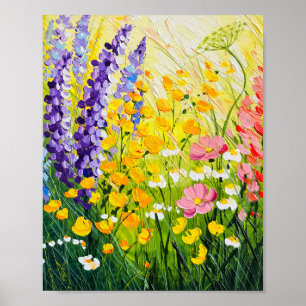 Zonnebeschenen Wilde Bloemenweide Olie Schilderij Poster