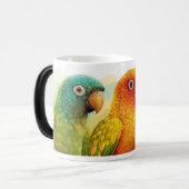 Zonneblauwe, groene kauwkuipen magische mok (Voorkant links)