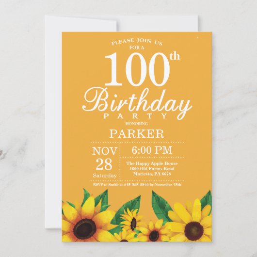Zonnebloem 100th Birthday Invitation Kaart (Voorkant)