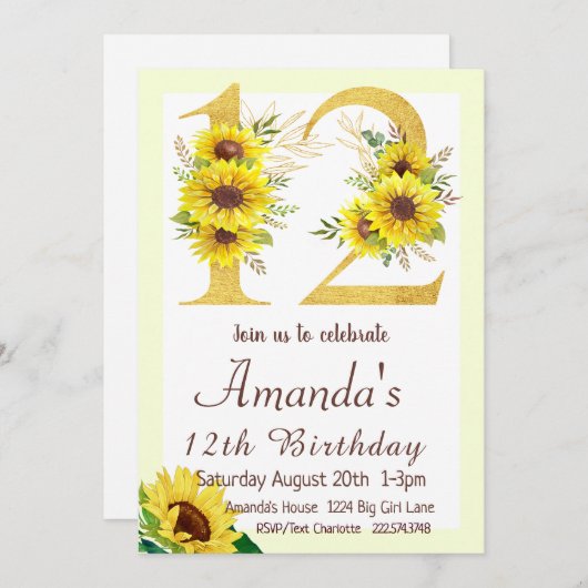 Zonnebloem 12e verjaardag kaart (Voorkant / Achterkant)