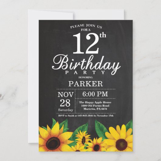 Zonnebloem 12th Birthday Invitation Kaart (Voorkant)