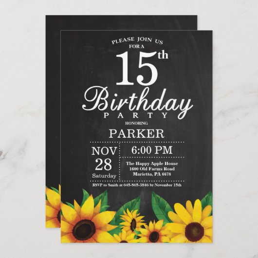 Zonnebloem 15e verjaardag uitnodiging (Voorkant / Achterkant)