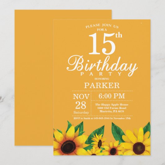 Zonnebloem 15e verjaardag uitnodiging (Voorkant / Achterkant)