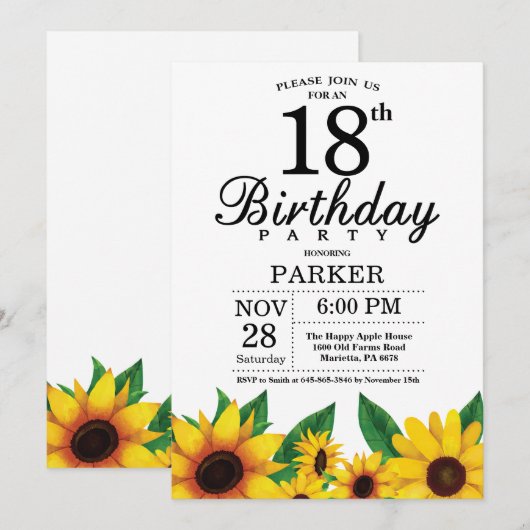 Zonnebloem 18e verjaardag uitnodiging (Voorkant / Achterkant)
