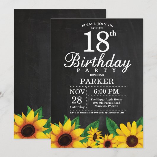 Zonnebloem 18th Birthday Invitation Kaart (Voorkant / Achterkant)