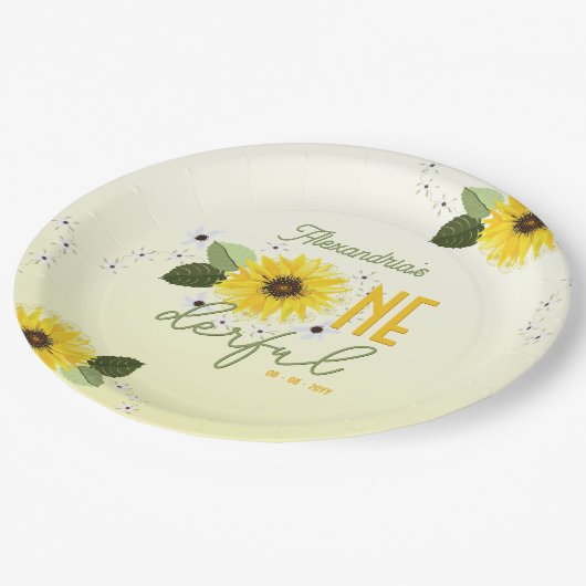 Zonnebloem 1e verjaardag papieren bordje (Gekanteld)