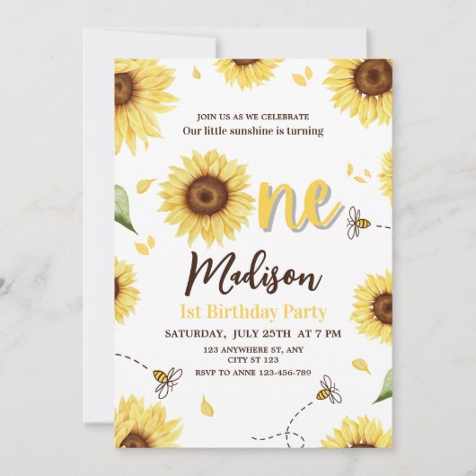 Zonnebloem 1e verjaardag Uitnodigen, Sunshine Bee  Kaart (Voorkant)