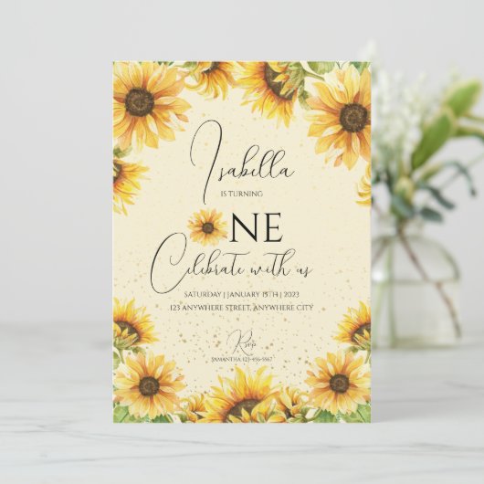 Zonnebloem 1e verjaardag Uitnodiging (Staand voorkant)