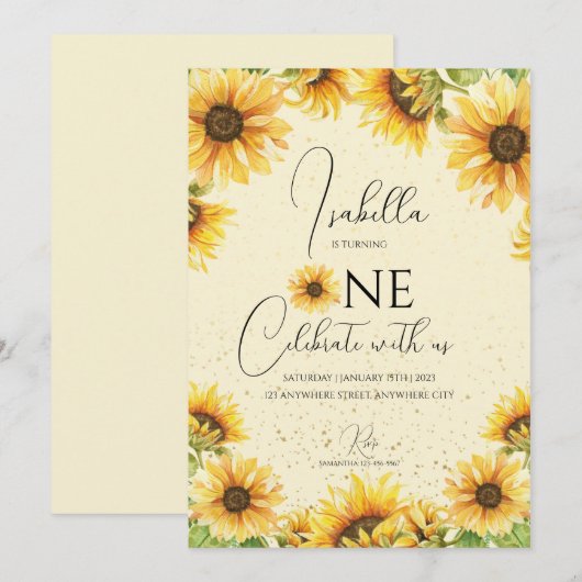 Zonnebloem 1e verjaardag Uitnodiging (Voorkant / Achterkant)