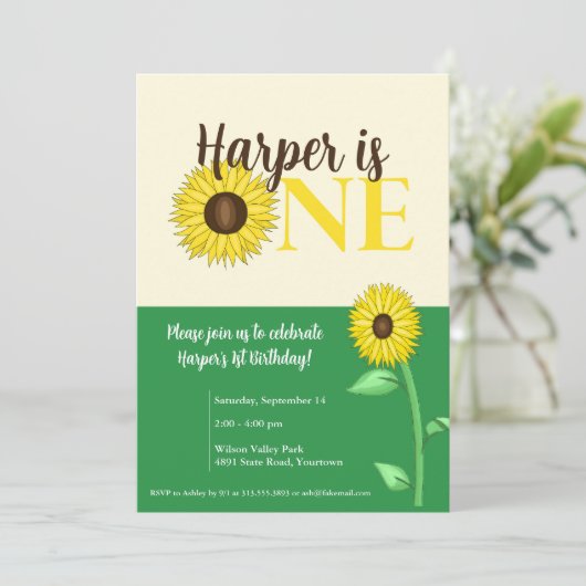 Zonnebloem 1e verjaardag Uitnodiging (Staand voorkant)