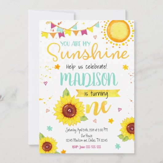 Zonnebloem 1e verjaardag Uitnodiging voor een meis (Voorkant)