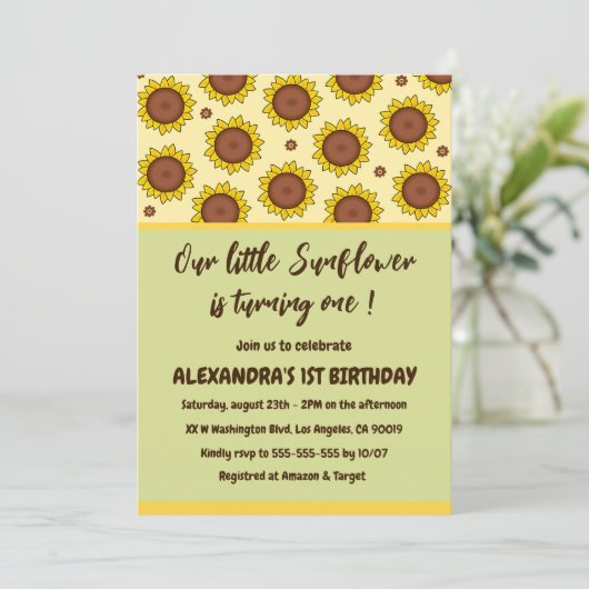 Zonnebloem 1e verjaardag uitnodigingen draaien een (Staand voorkant)