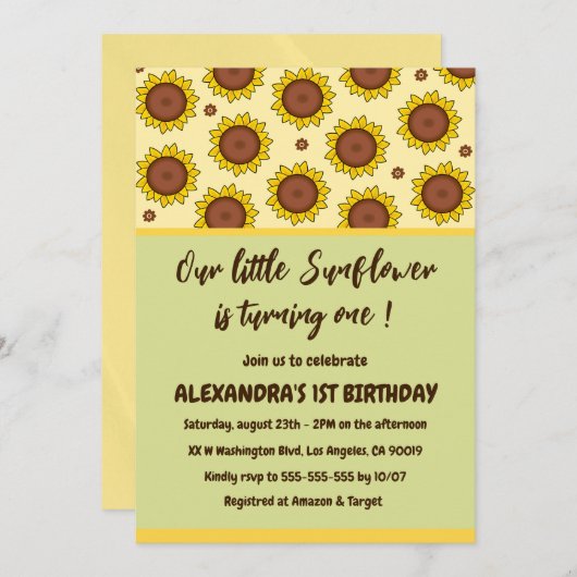 Zonnebloem 1e verjaardag uitnodigingen draaien een (Voorkant / Achterkant)