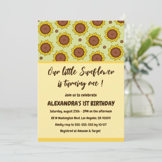 Zonnebloem 1e verjaardag uitnodigingen schattig mo (Staand voorkant)