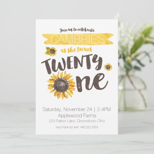 Zonnebloem 21e verjaardag uitnodiging (Staand voorkant)