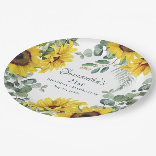 Zonnebloem 21ste verjaardagsfeest papieren bordje (Gekanteld)