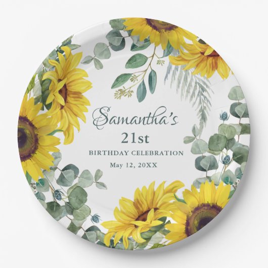 Zonnebloem 21ste verjaardagsfeest papieren bordje (Voorkant)