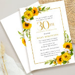 Zonnebloem 30th Summer Birthday Party Kaart<br><div class="desc">gele zonnebloem 30e verjaardag uitnodiging. Gele pinda's en witte madijzen met de zonnebloemen. Een rechthoekig gouden lijst geeft het een elegante vibe. De 30e verjaardag van de verjaardag van de viering en de naam van de viant zijn in goud geschreven. Heel eenvoudig aan te passen. Die rug is wit met...</div>