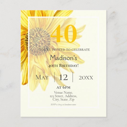 Zonnebloem | 40e Budget Verjaardag Uitnodiging (Voorkant)